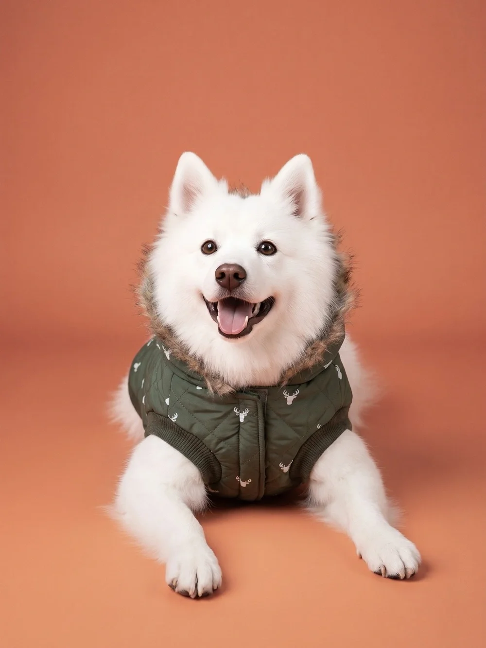 Dog Winter Puffer Vest in Olive Green with Faux Fur Hood